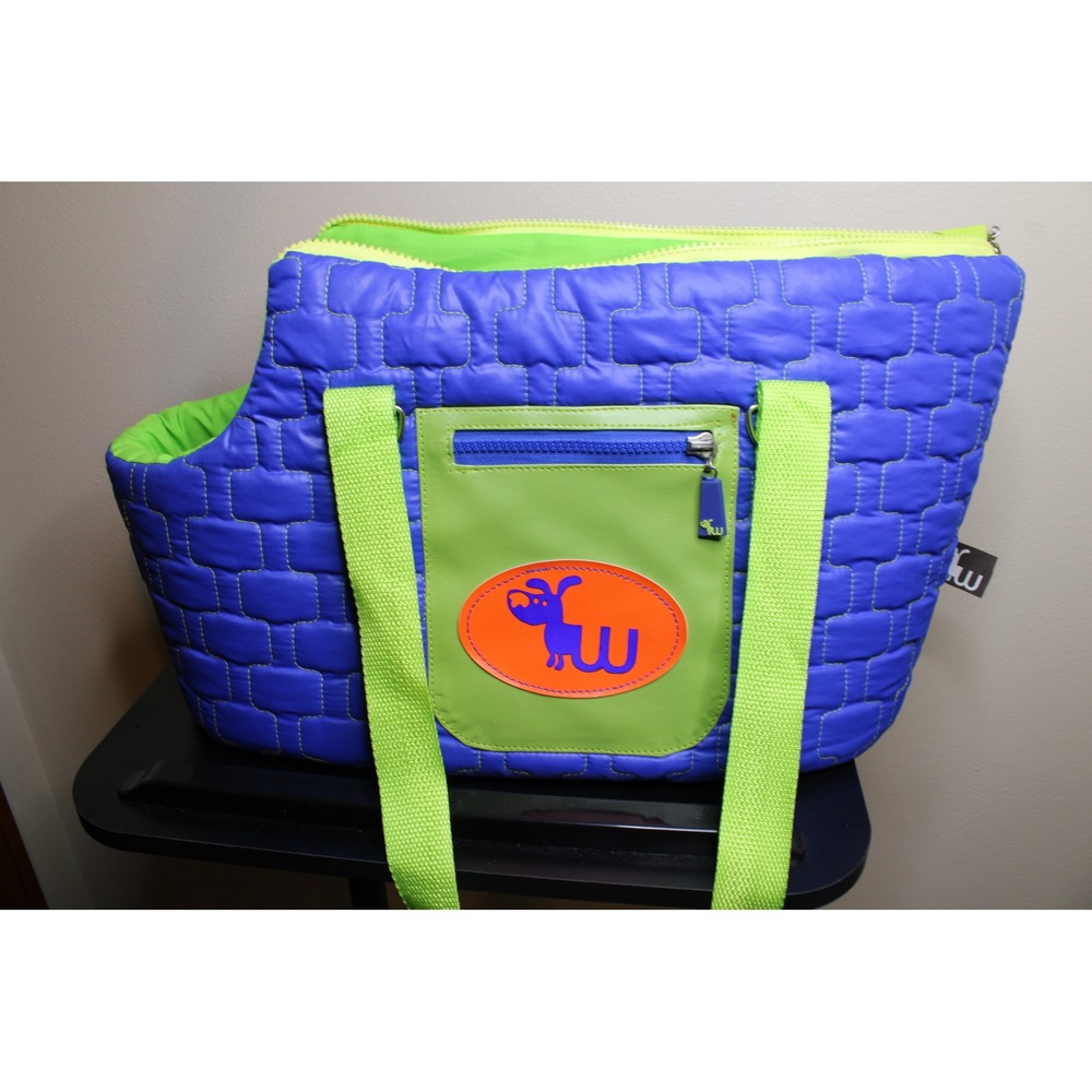Wagwear Quilted Pet Carrier Tote Bag Blue Neon Green Small Dog Travel Bag